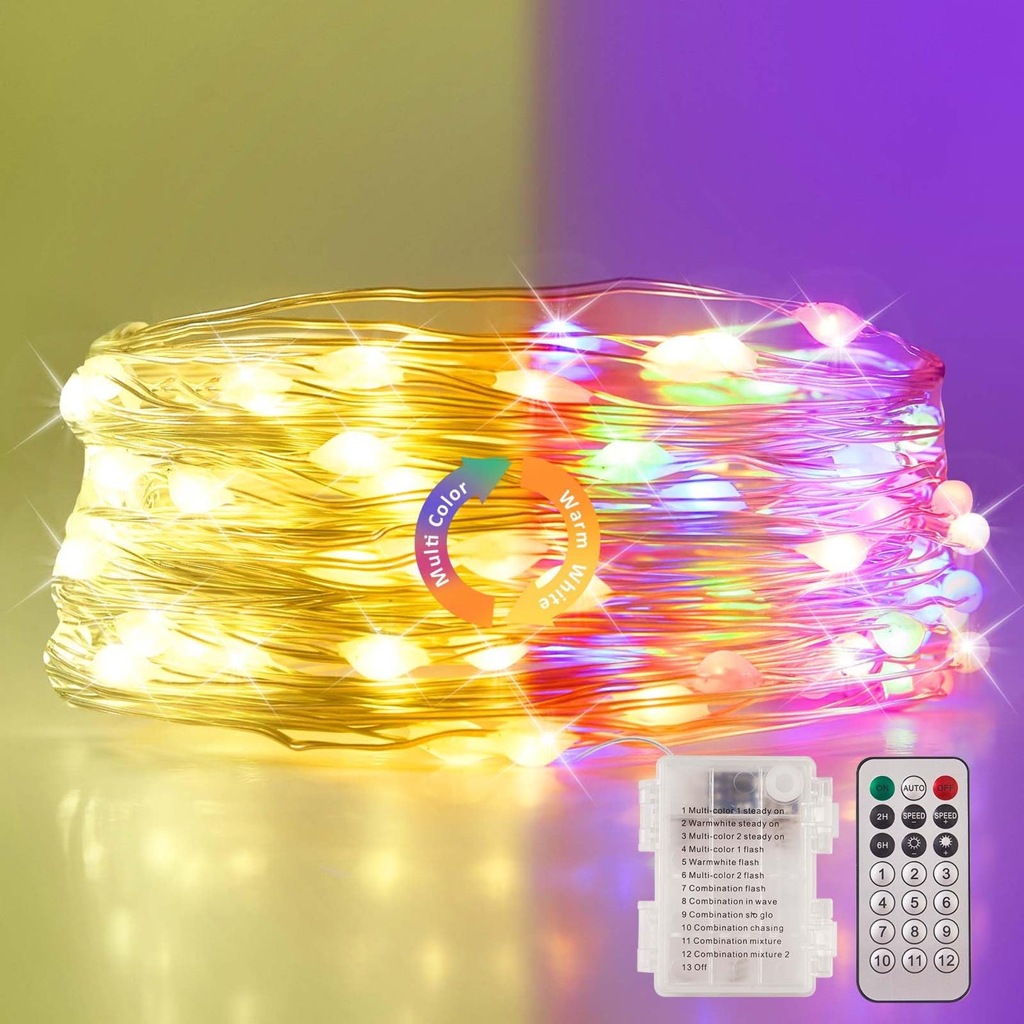 Ariceleo 1 Pack Warm White & Multi-Color Battery Operated String Lights, 5M/16.4ft. 50 LEDs Remote Control Timer 12 Modes Optional Twinkle Battery Powered Fairy Lights Sliver Wire Firefly Lights