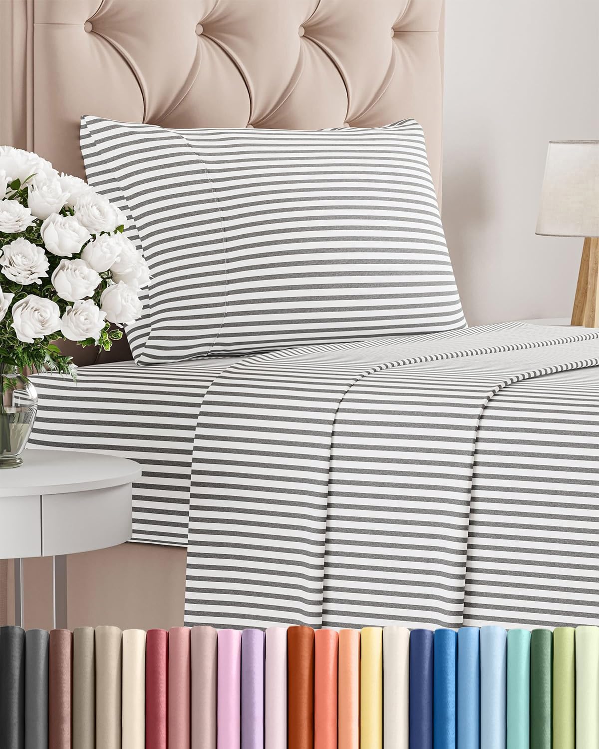 Skiennix Twin Size 3-Piece Sheet Set - Comfy Cooling Bed Sheets | Luxury Grey Stripes, Deep Pockets, Soft & Wrinkle-Free