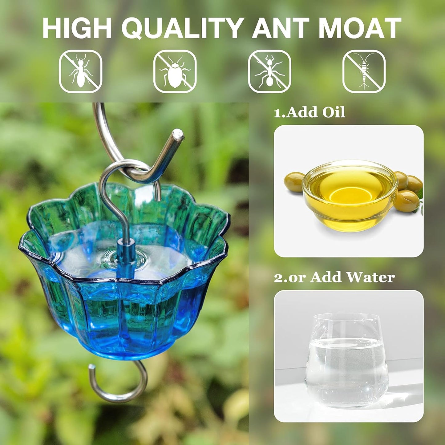 Kingsyard Glass Hummingbird Feeder - 6 Feeding Ports for Outdoor Gardens | Blue with Ant Moat Included