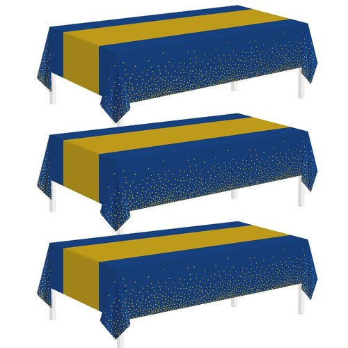 Childom 3 Pack Graduation Tablecloth,Graduation Decorations Class of 2026 Graduation Party Decorations,54"x108" Blue and Gold Plastic Table Cloth Disposable for Home,School,Birthday,Wedding,Parties