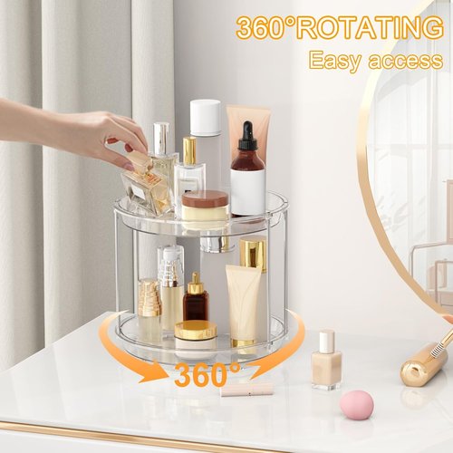 360 Rotating Makeup Organizer - 2-Tier Clear Lazy Susan Turntable for Vanity & Bathroom Storage