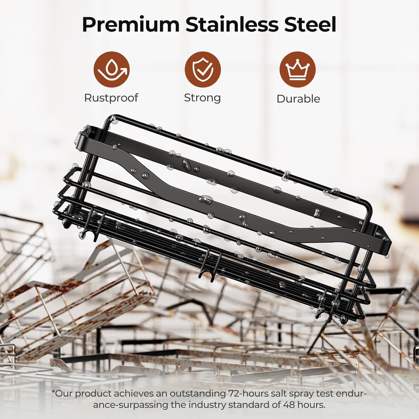 Orimade Shower Caddy Shelf - Rust Resistant Wall Mounted Organizer with 5 Hooks | 2 Pack, Black