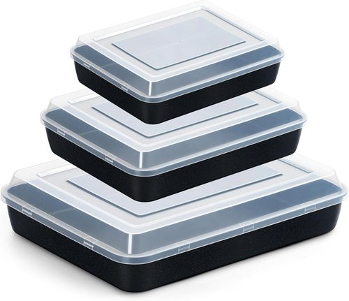 E-far Nonstick Baking Pans Set with Lids - 3 Rectangular Sheet Cake Pans (12.5/10.5/9.4 Inch)