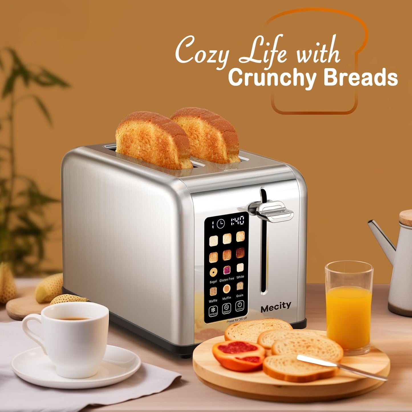 Mecity 2-Slice Stainless Steel Toaster - Touch Screen, 1.5" Wide Slots, Timer & Defrost Function