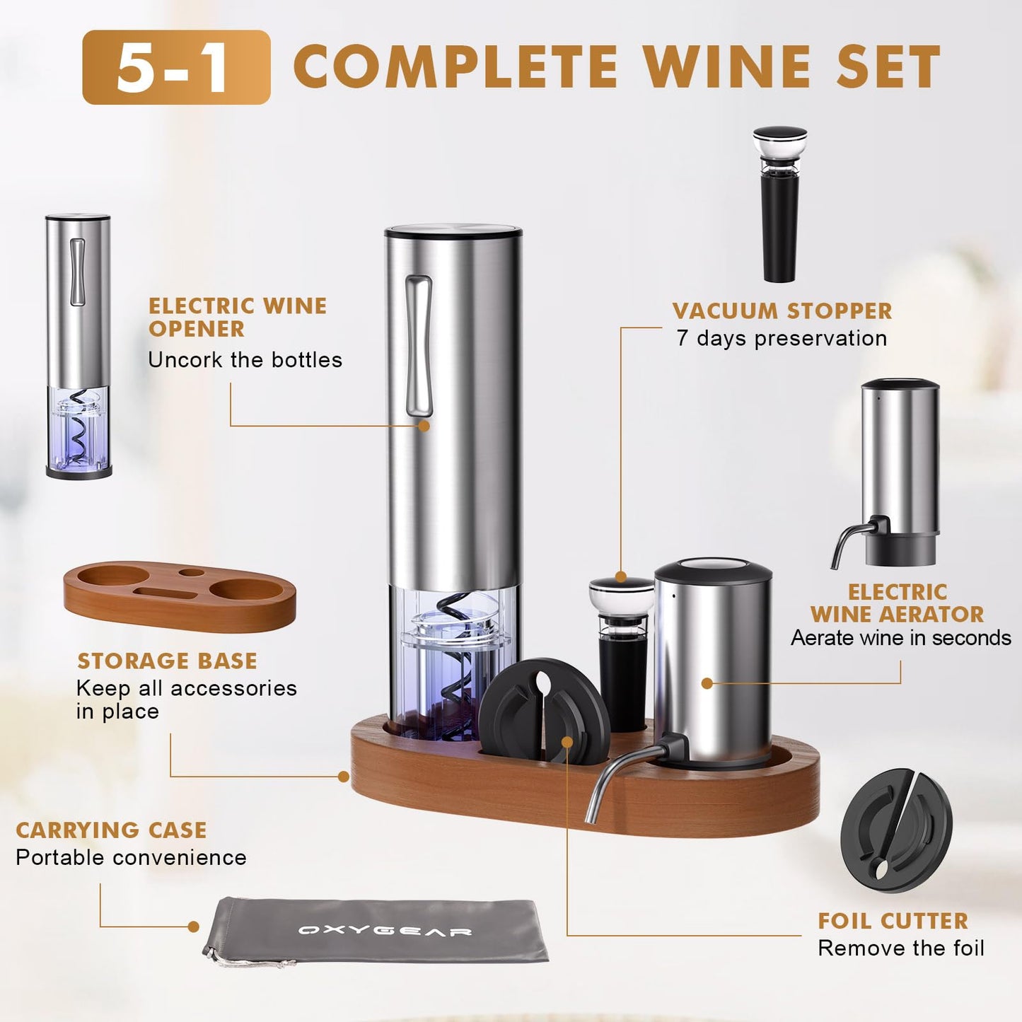 Rechargeable Electric Wine Opener 5-In-1 Set, Stainless Steel Automatic Wine Opener with Electric Wine Aerator, Foil Cutter, Wine Stopper & Base, Elegant Gift Box for Birthday, Housewarming, Christmas