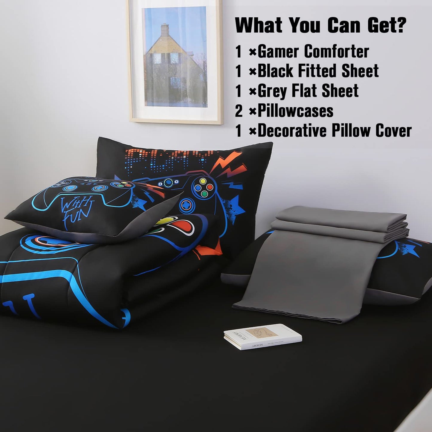 JQinHome Full Gaming Comforter Sets for Boys,6 Piece Bed in A Bag 3D Video Game Bedding -All Season Soft Microfiber Gamer Bedding Sets for Kids,Pillowcase, Flat Sheet, Fitted Sheet,Cushion Cover