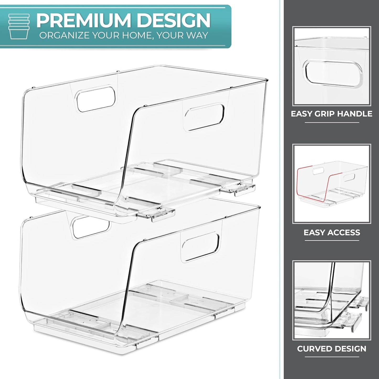Sorbus Stackable Storage Bins - Clear Open Front Pantry Organizers for Kitchen | Medium 4 Pack