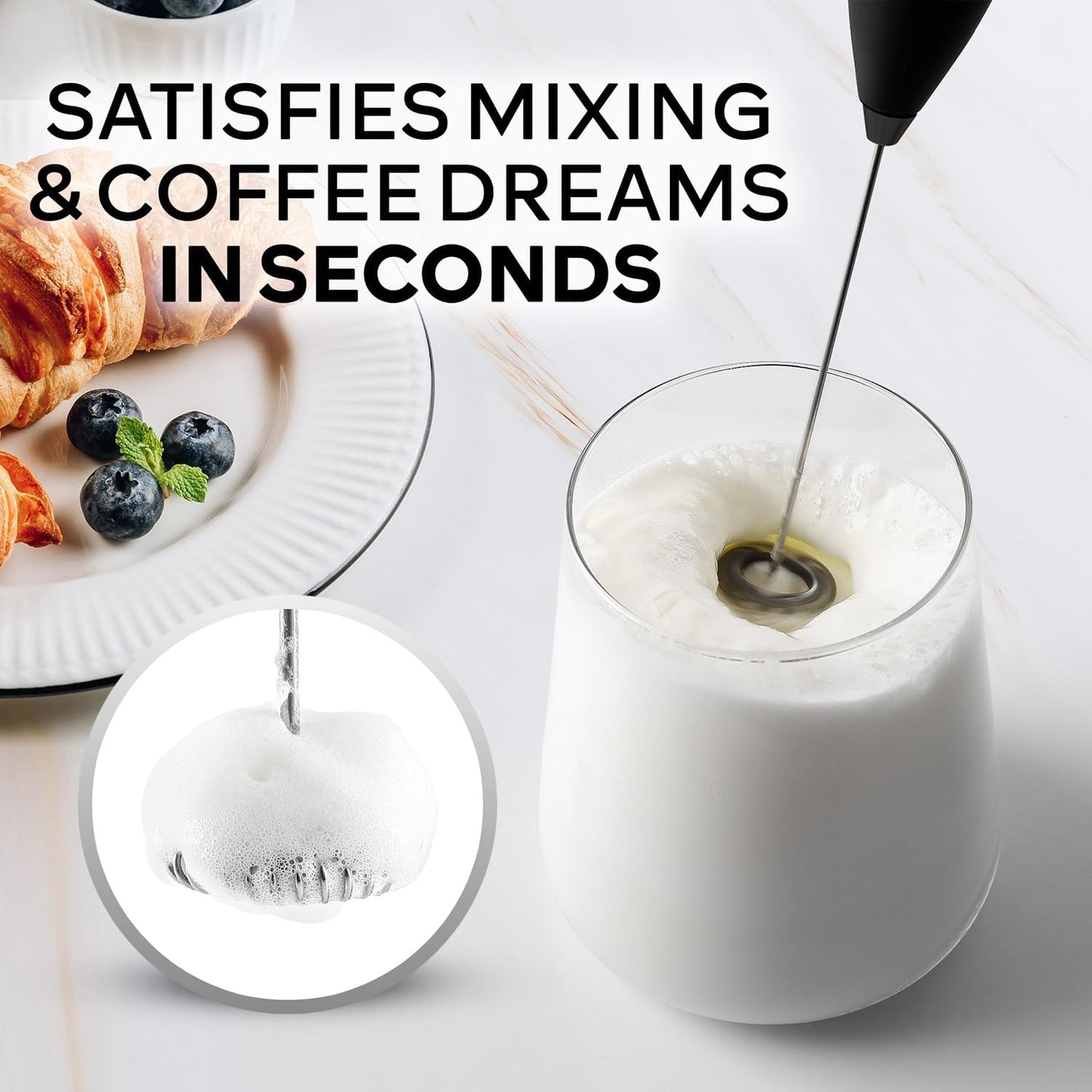 Zulay Kitchen Milk Frother Wand - Ultra-Fast Handheld Electric Whisk for Coffee, Lattes & More - Executive Black with 4 AA Duracell Batteries