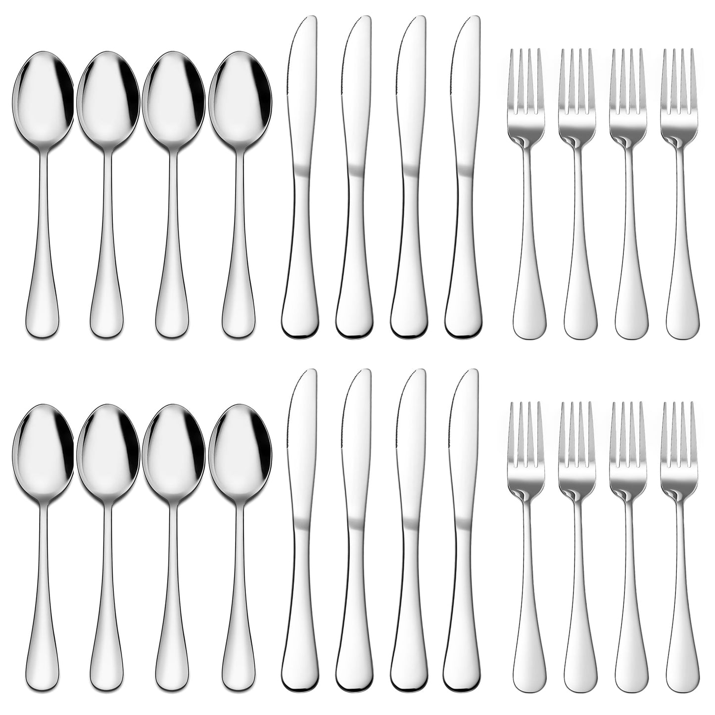 E-far Forks, Spoons and Knives Set for 8, 24 Pieces Stainless Steel Silverware, Food Grade Flatware Cutlery for Home Kitchen Restaurant, Mirror Finish, Dishwasher Safe