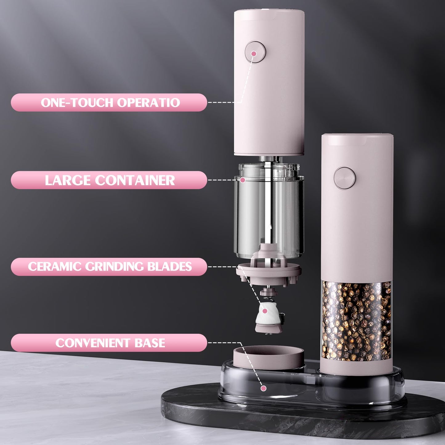 1 Pack Salt and Pepper Grinder-Birthday Gifts for Mom Automatic Battery Upgraded Larger Capacity Pink Salt Pepper Set New Apartment Gifts for Housewarming
