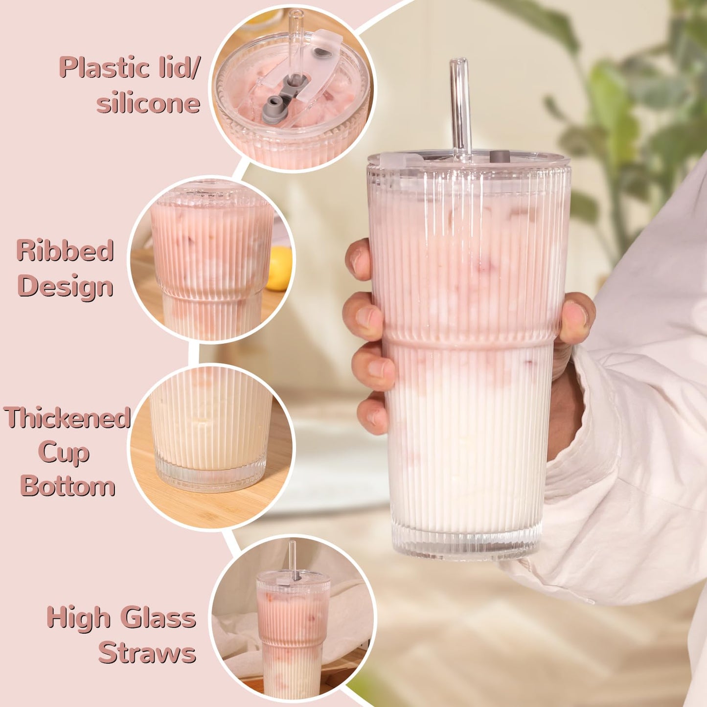 wangsdjy 20oz Ribbed Drinking Glasses with Lids and Glass Straws-Thickened Glass cup -Vintage glass straw cups- Ideal for Iced Coffees, Cocktails, Juices, Family Use and Parties (4)