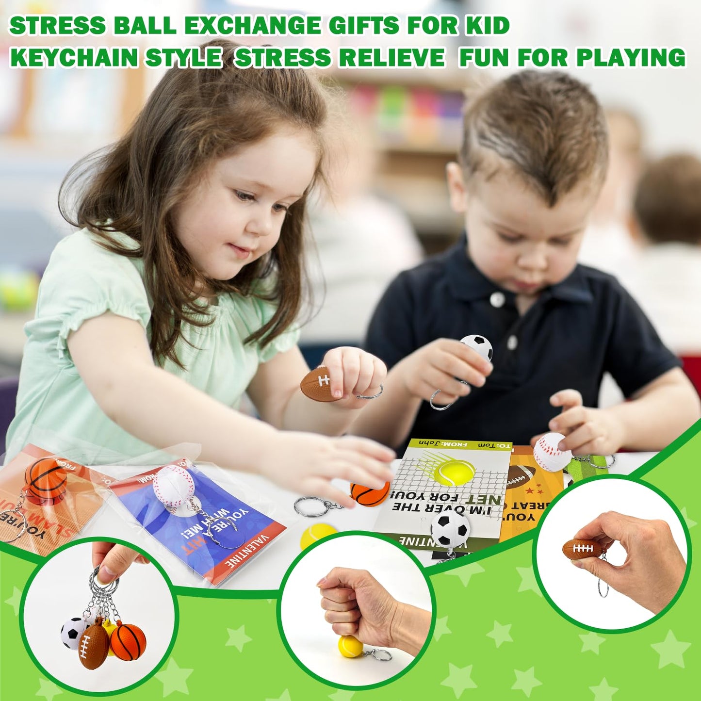 Sport Stress Ball Valentines Day Gifts for Kids Classroom -28 Pack,Mini Foam Ball Toy with Keychain & Exchange Cards for School Toddlers,Valentines Goodie Bag Stuffer Class Treat Prize for Boys Girls