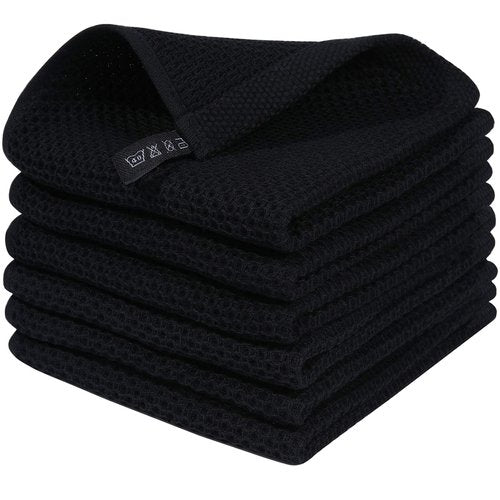 Homaxy 100% Cotton Waffle Weave Kitchen Dish Cloths, Ultra Soft Absorbent Quick Drying Dish Towels, 12 x 12 Inches, 6-Pack, Black