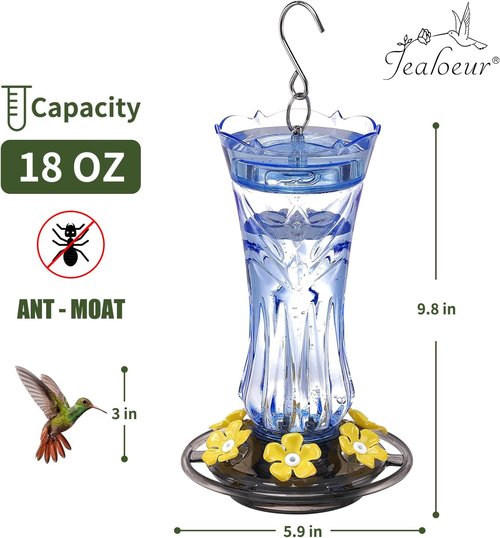 Jealoeur Hummingbird Feeder - 18 OZ Outdoor Feeder with 6 Bee Guard Ports & Ant Moat | Easy to Clean, Blue