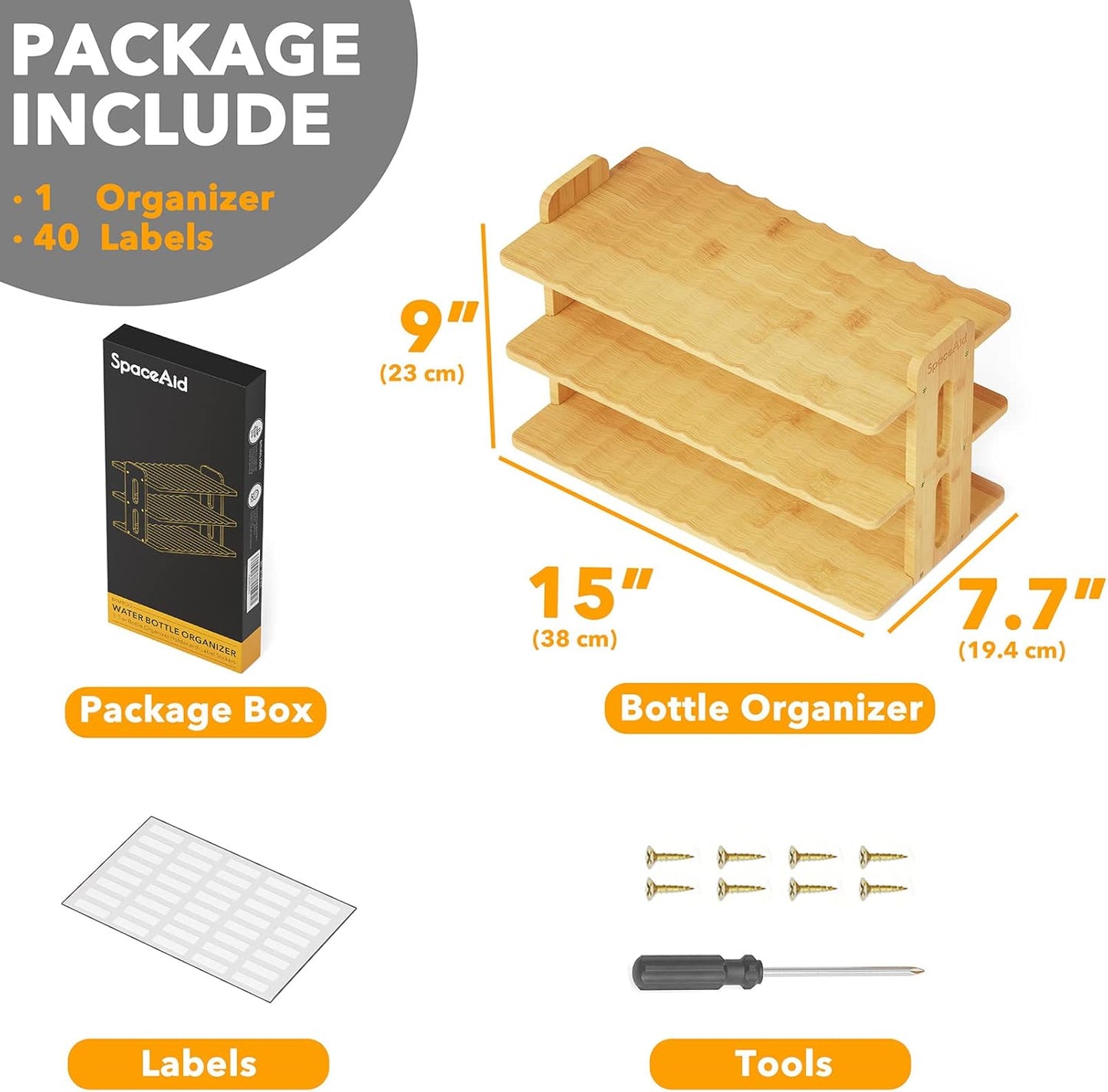 SpaceAid Bamboo Water Bottle Organizer - 3-Tier Kitchen Storage Rack for 12 Bottles | Stylish Labels Included