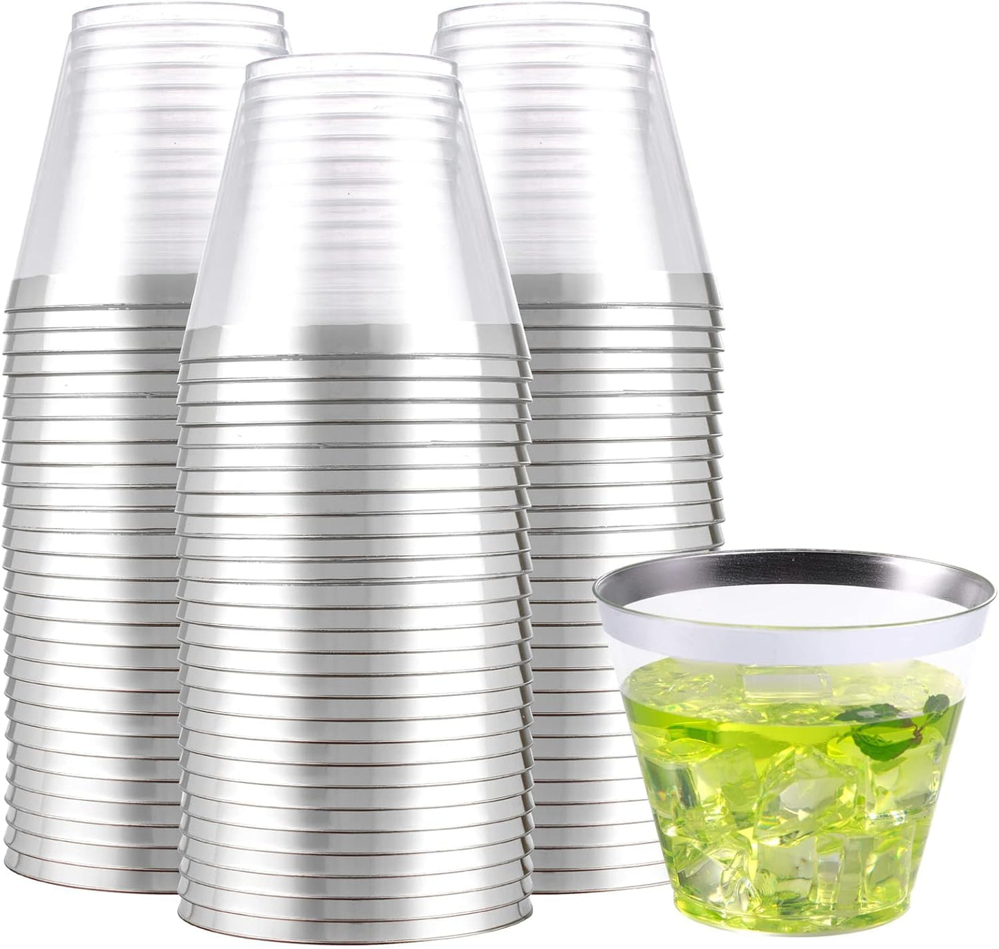 WELLIFE 200pcs Silver Cups, 9OZ Clear Plastic Cups,Plastic Wine Glasses Disposable,Cocktail Glasses for Party and Weddings