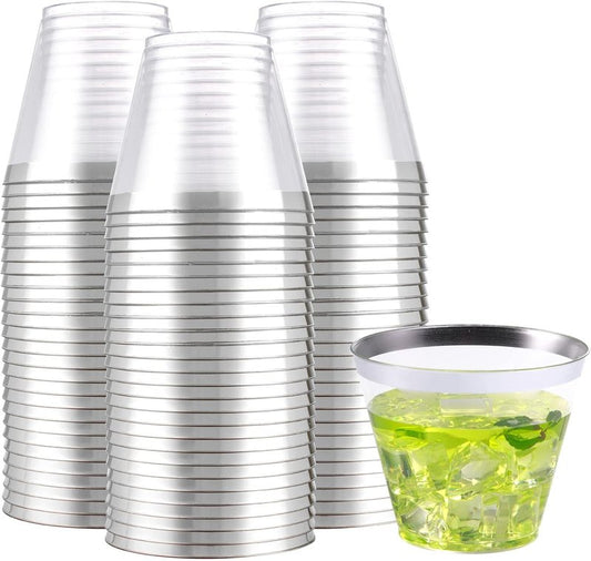 WELLIFE 200pcs Silver Cups, 9OZ Clear Plastic Cups,Plastic Wine Glasses Disposable,Cocktail Glasses for Party and Weddings