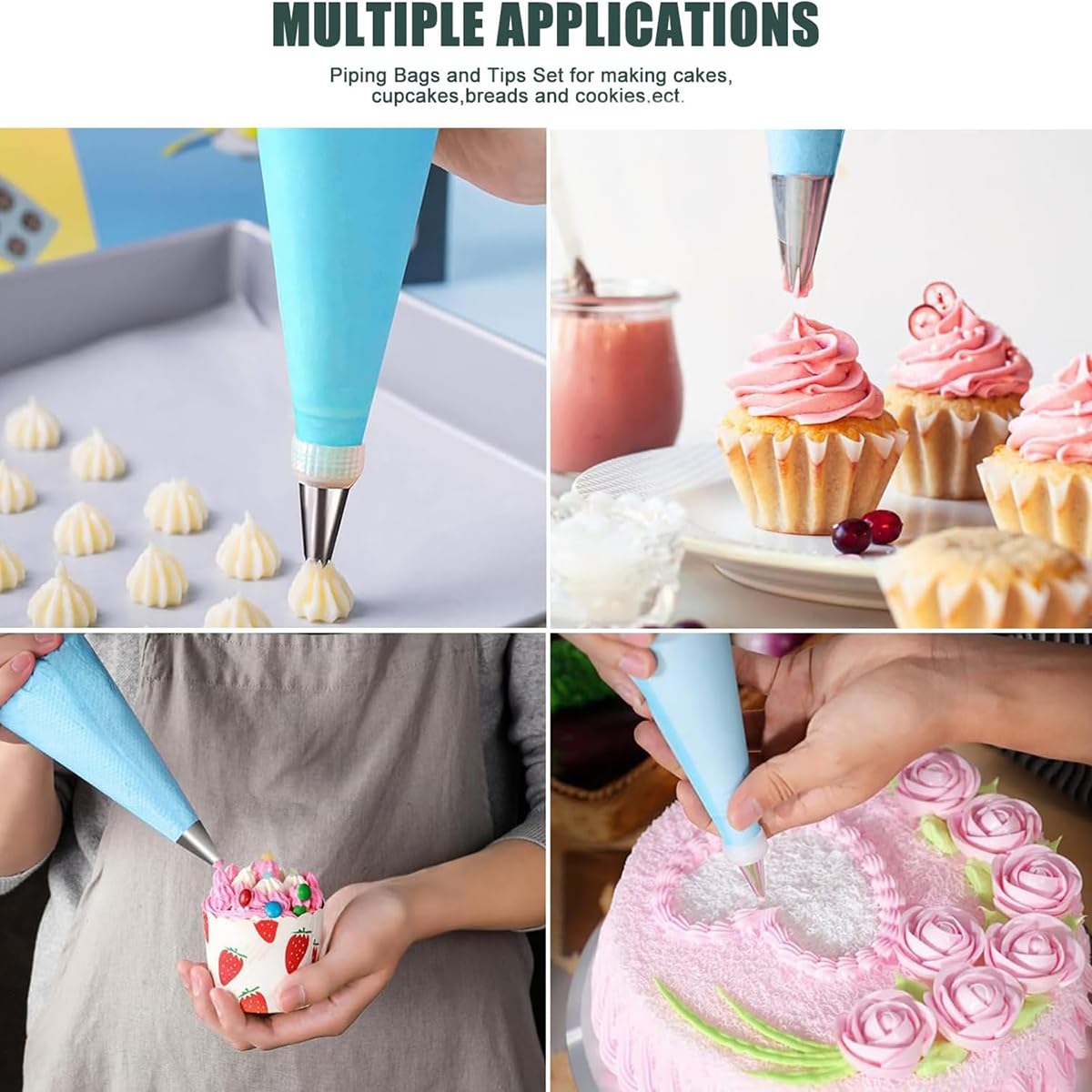 21pcs/set Cake Decorating Tools,Piping Bags and Tips Set;with 2pcs Reusable Icing Pastry Bags,Set Of 3 Scrapers,12 Different Icing Bags Tips, 2 Piping Bags Couplers and 2 Frosting Bags Ties