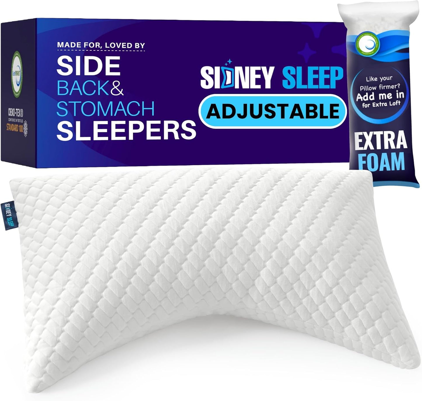 Sidney Sleep Adjustable Curved Contour Pillow - Queen Size | Neck & Shoulder Support for Side & Back Sleepers - Extra Fill Included (White)