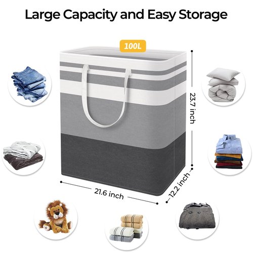 HomeHacks 2 Pack Large Laundry Baskets, Waterproof, Freestanding Laundry Hampers, Collapsible Clothes Hamper with Reinforced Handles in Laundry, College Dorm, Bathroom, Bedroom (Grey+Blue, 100Lx2)