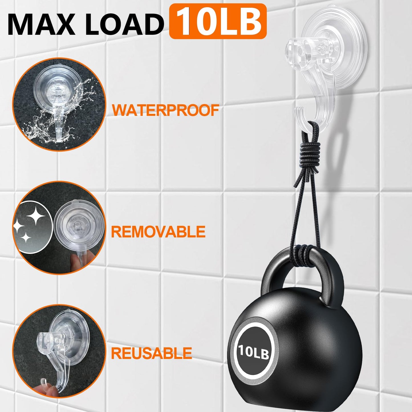 KORCCI Suction Cup Hooks for Shower-Max Load 10 LB, No Trace, Reusable & Removable, Small Clear Suction Hooks, for Tile, Glass, Window, Kitchen, Bathroom, Christmas Decor, Wreath, Lights, 2 Pack