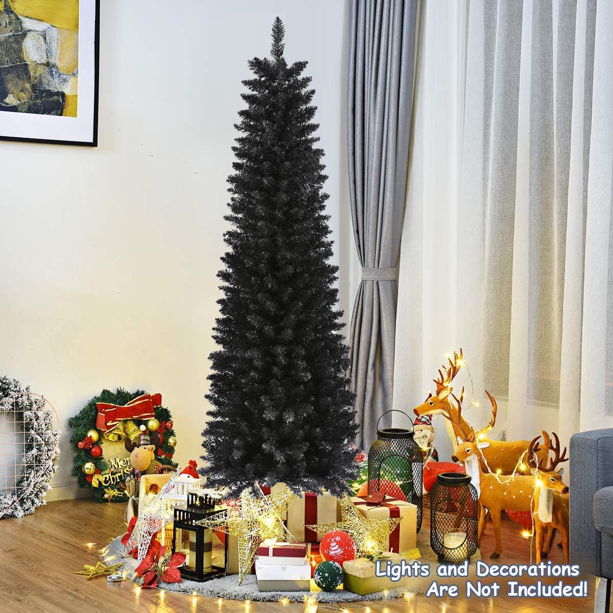 658 Tips Artificial Pencil Christmas Tree Halloween Tree, 6ft Pure Black Skinny Xmas Tree with Metal Stand Perfect for Christmas/Halloween/Easter/Parties/Holiday Indoor Outdoor Decoration