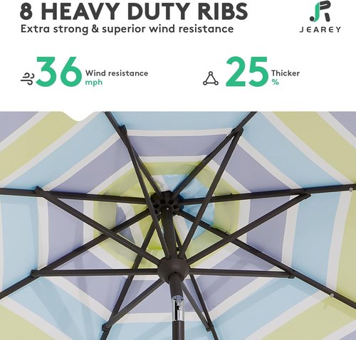 JEAREY 9FT Outdoor Patio Umbrella - Push Button Tilt & Crank | UV Protection, Waterproof - Blue-Green Stripe