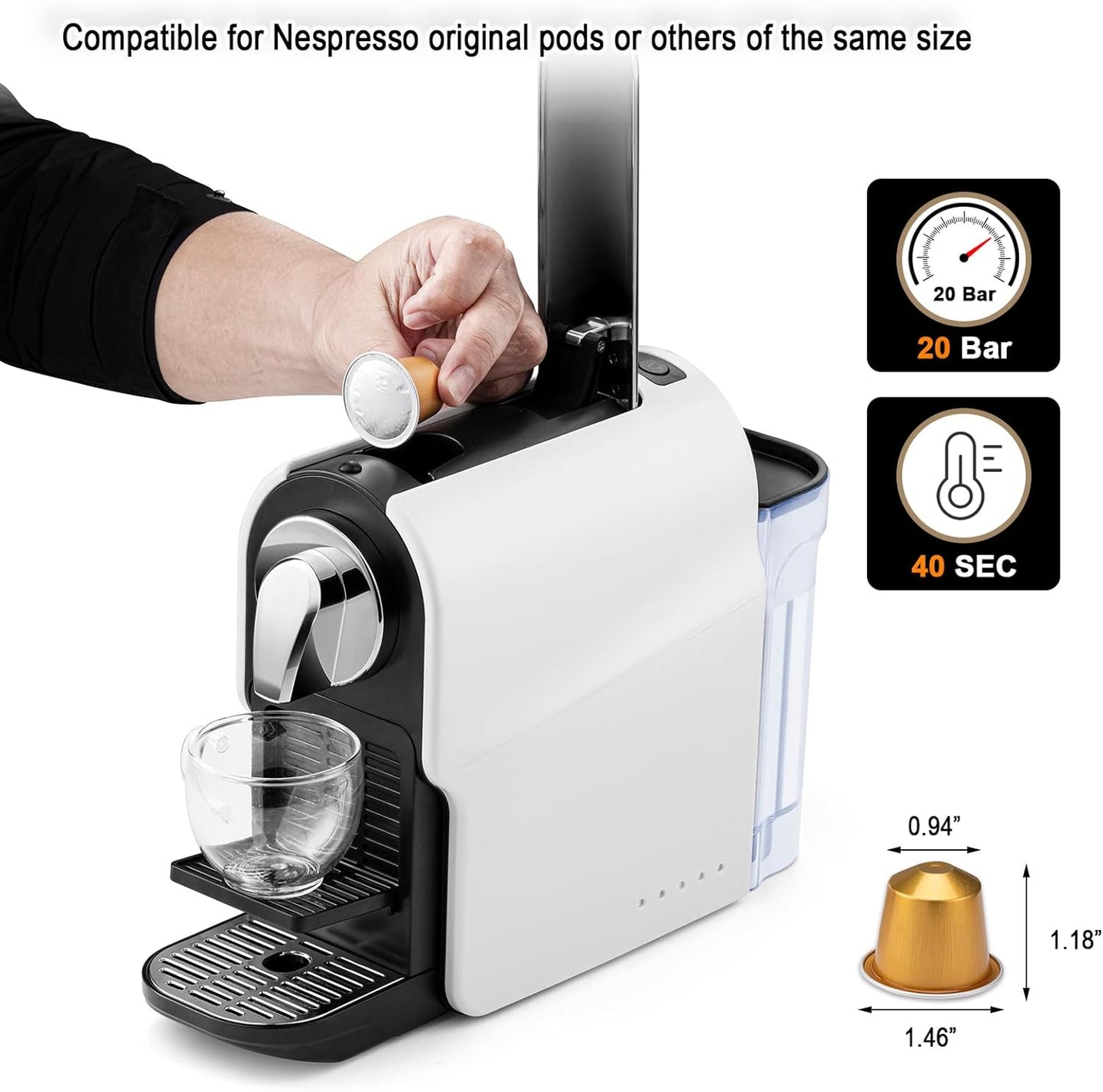 Beanglass Espresso Pod Machine - High Pressure 20 Bar Coffee Maker | 22oz Removable Water Tank, Adjustable Cup Tray
