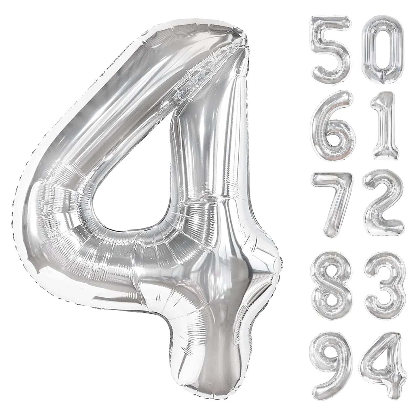 Silver 4 Balloon, Number Balloons 40 Inch, 4th Silver Party Decorations, Four Large Numbers for Party Decor, Number 4 Balloon