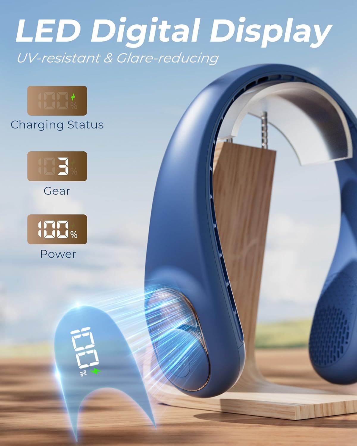 TUNISE Neck Fan - USB-C Rechargeable Personal Fan with LED Display & 3-Speed Settings | 4000mAh Battery