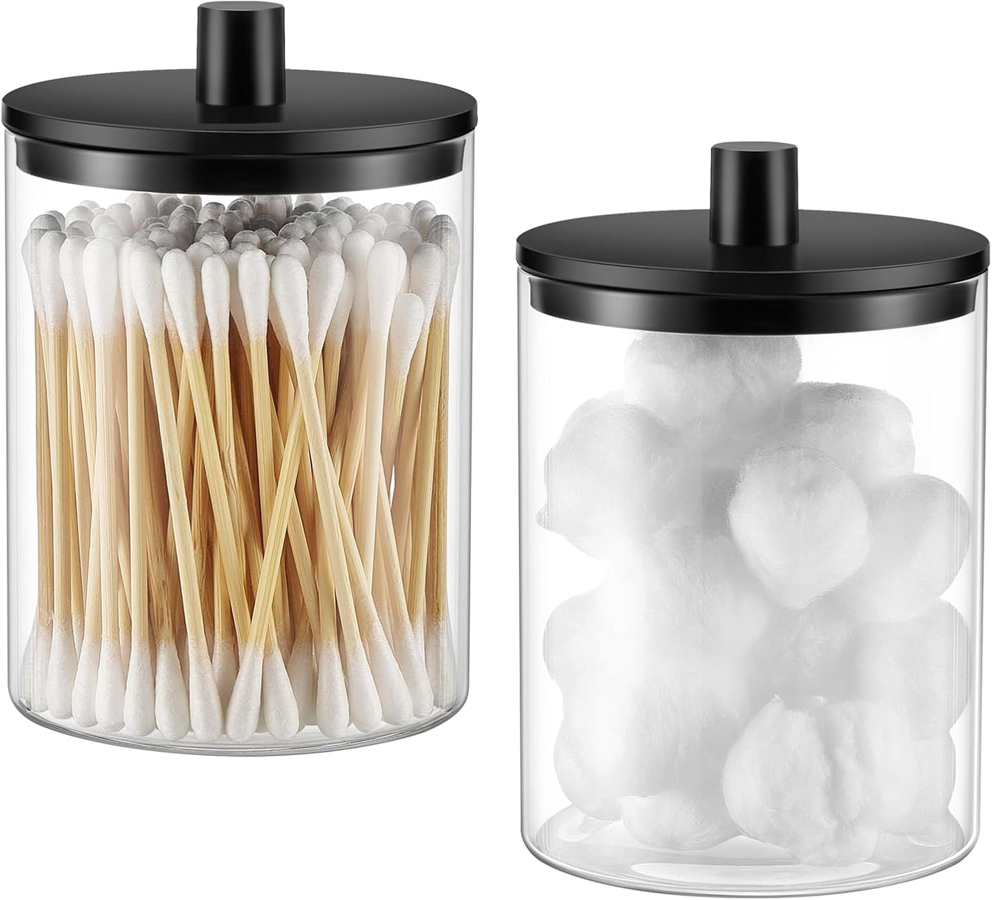TIPGO Glass Qtip Holder Dispenser - 10 oz Clear Apothecary Jar for Cotton Swabs & Makeup Storage | 2 Pack, Black