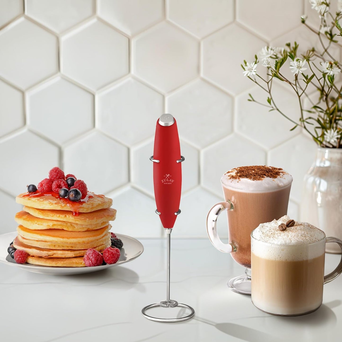 Zulay Kitchen Milk Frother Wand - Ultra-Fast Handheld Electric Whisk for Coffee & Lattes - Cardinal Red