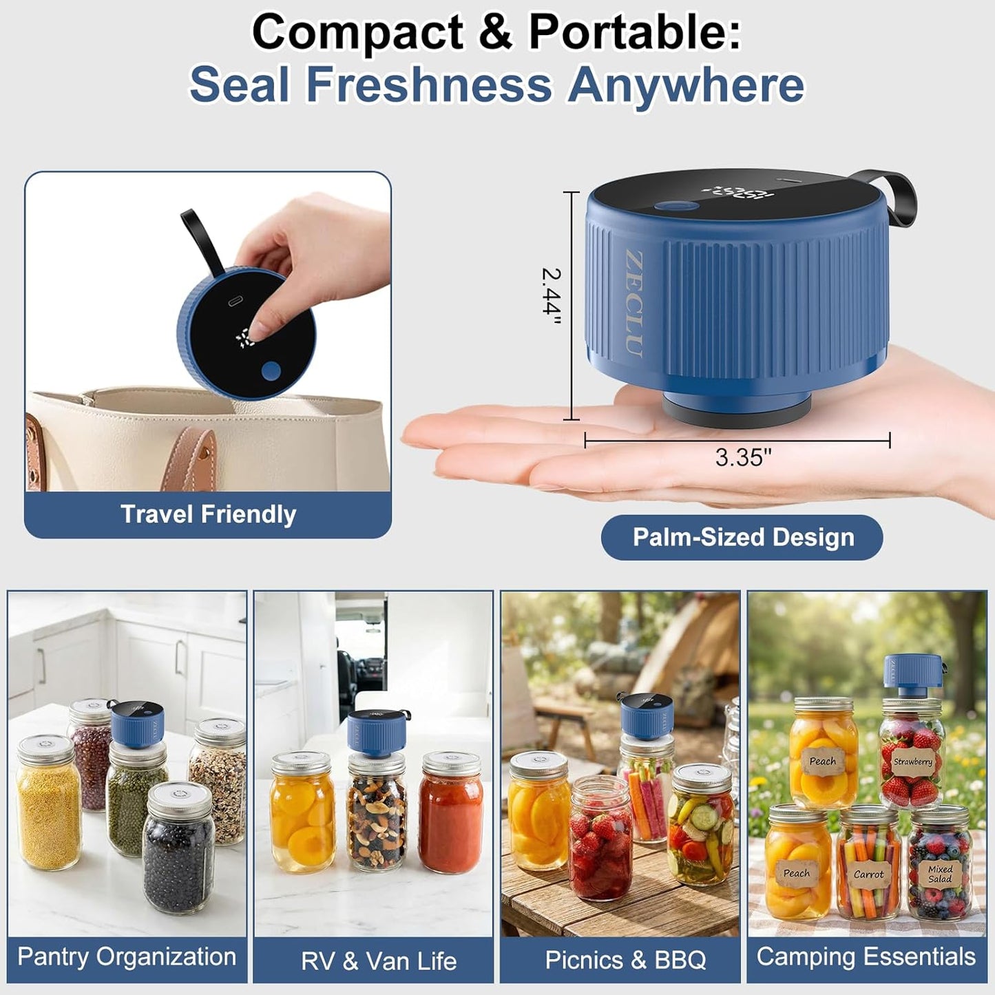 Skiennix Electric Mason Jar Vacuum Sealer Kit - Automatic Wide & Regular Mouth Sealer | Portable Canning Tool with 20 Lids & 24 Labels, Blue