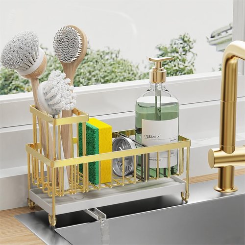 Cisily Sponge Holder - Rustproof 304 Stainless Steel Kitchen Sink Caddy Organizer | Gold, 9.25”