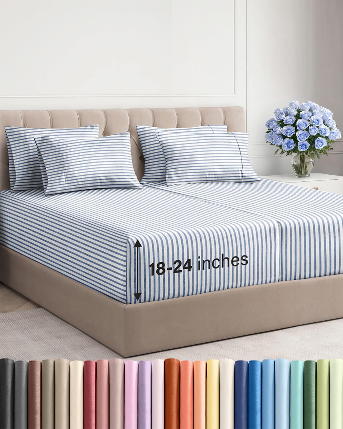 Skiennix Extra Deep Split King Sheet Set - 7 Piece Cooling Bedding - Soft, Wrinkle-Free, Secure Fit - Blue Stripes