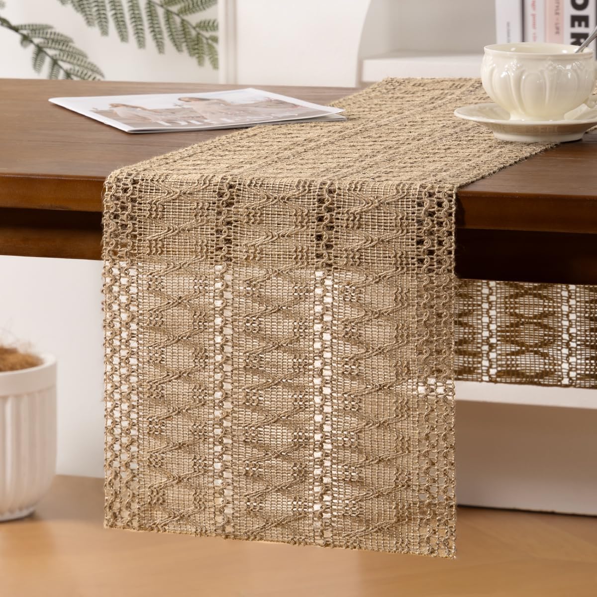 Santaben Burlap Brown Spring Boho Macrame Table Runner Rustic Farmhouse Woven Cotton Linen Burlap Table Runners for Dining & Bedroom Home Decor 11x58 Inches