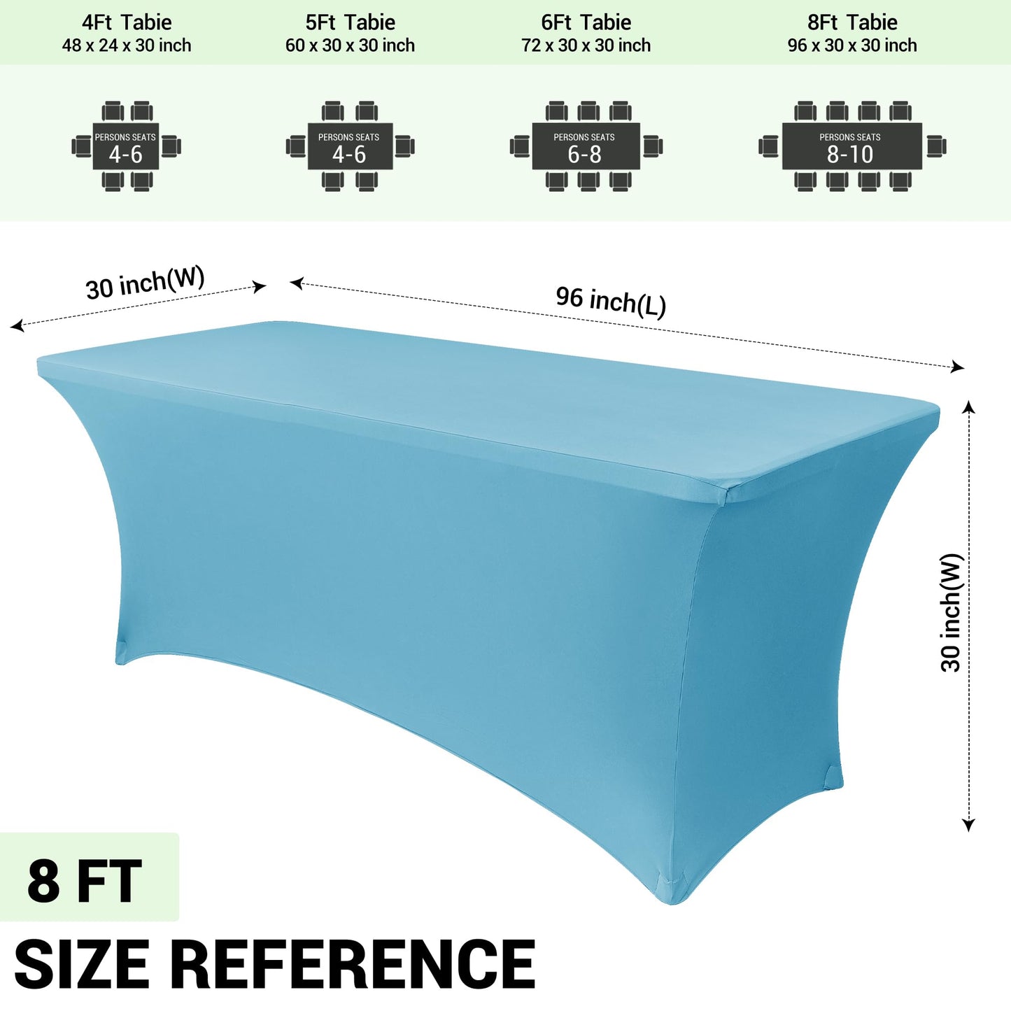 Obstal 8Ft Stretch Spandex Table Cover for Standard Folding Tables - 2 Pack Universal Rectangular Fitted Tablecloth for Party, Banquet, Events, Trade Show (Light Blue, 96L x 30W x 30H Inches)