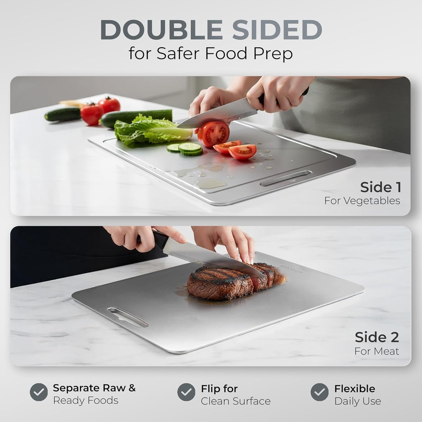 Stainless Steel Cutting Boards - Durable Double-Sided Boards with Juice Grooves | 3 Pack for Home & Professional Use