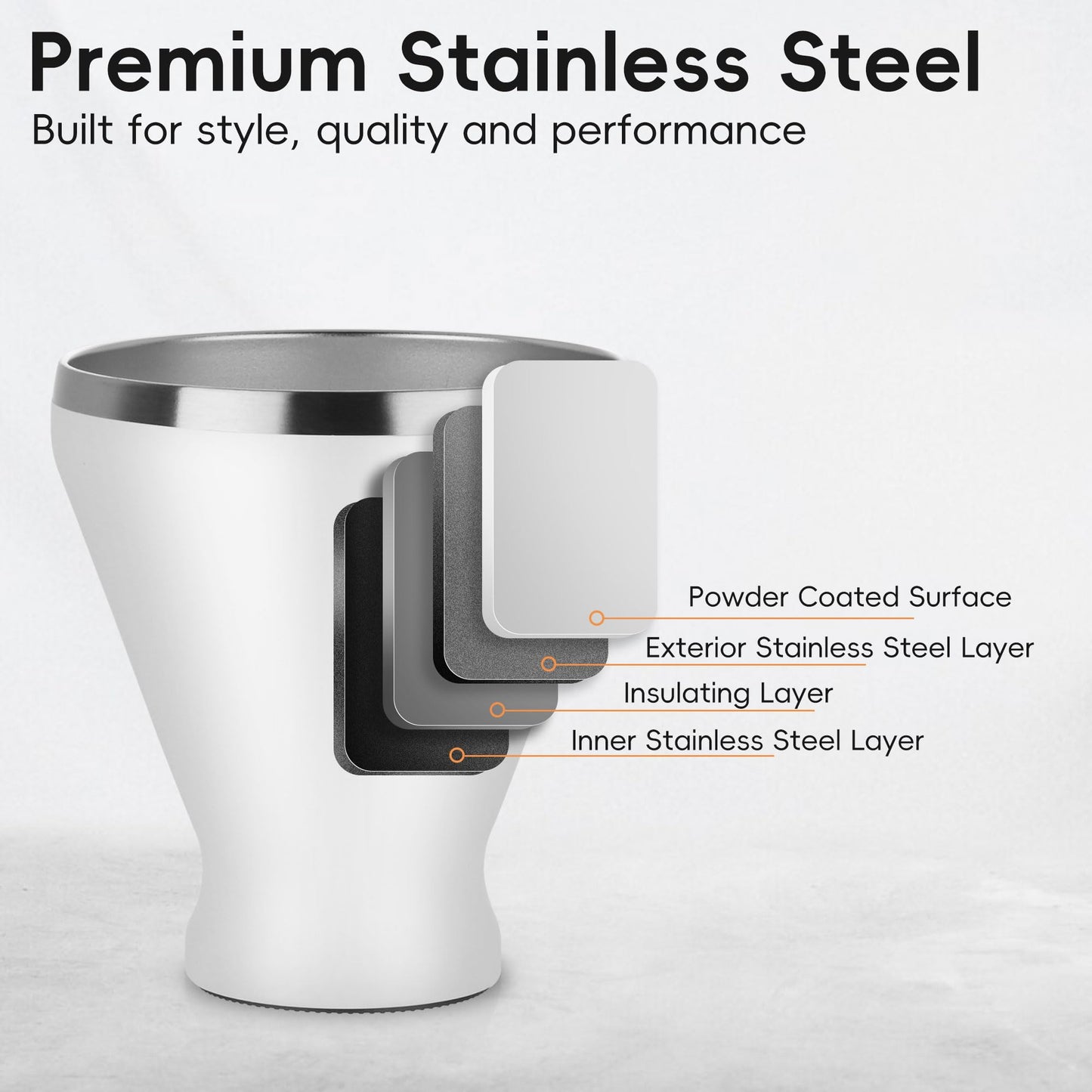 SuperCook Stainless Steel Martini Glass with Lid, Double Wall Vacuum Insulated Stemless Cocktail Glasses, Stay Icy Cold Wine Tumbler with Straw, Set of 4, 12 Oz, White