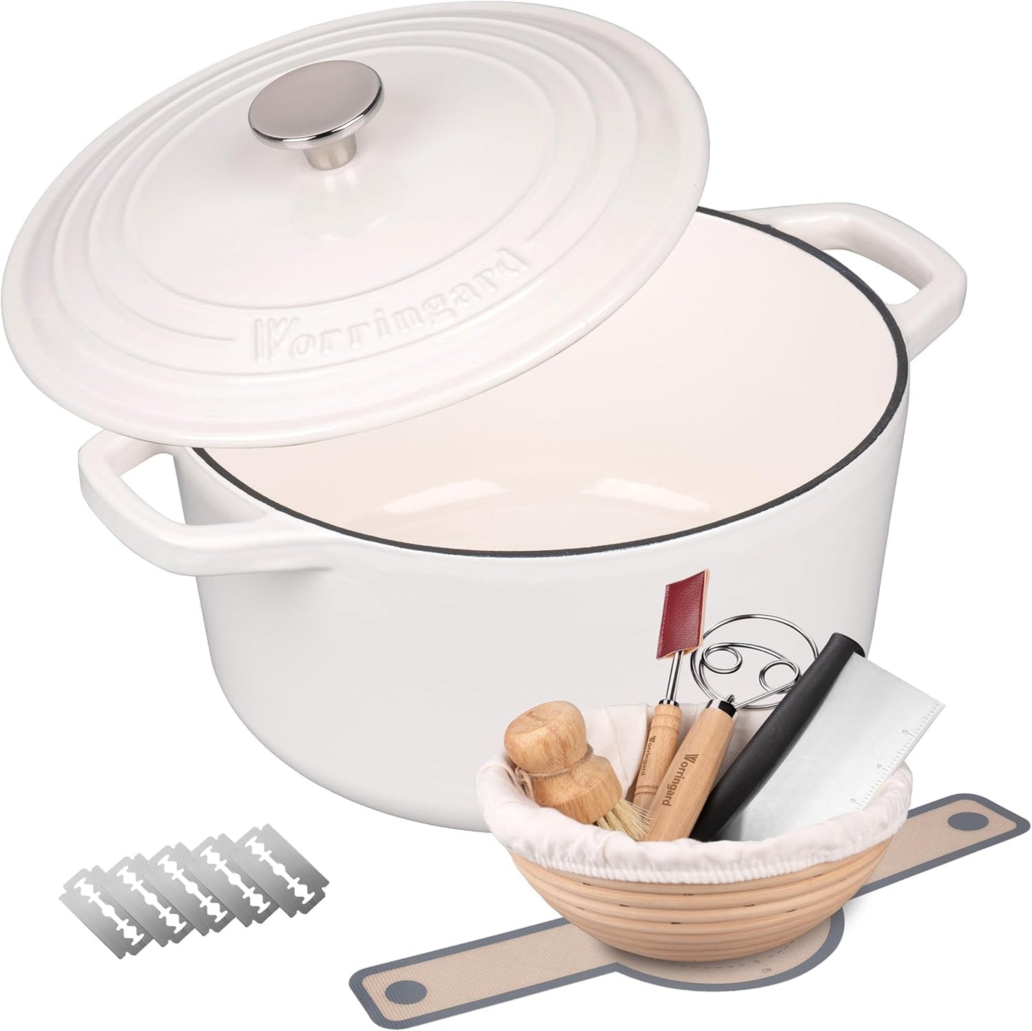 VORRINGARD Enameled Cast Iron Dutch Oven - 6QT Round Bread Baking Pot with Lid & Sourdough Set | White