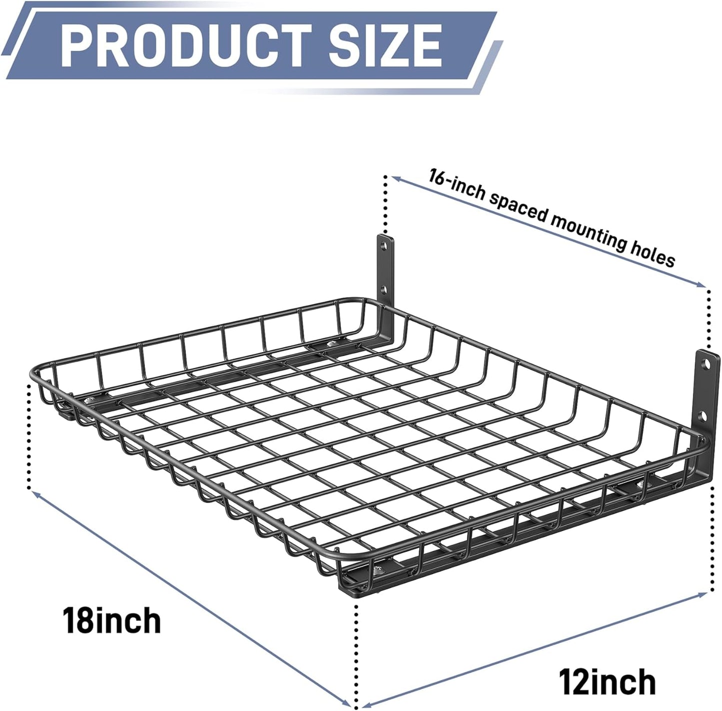 WALMANN Wall-Mounted Garage Shelves - Heavy Duty Storage Solution | 12x18 Inch, Holds Up to 60 lbs (Pack of 2, Black)