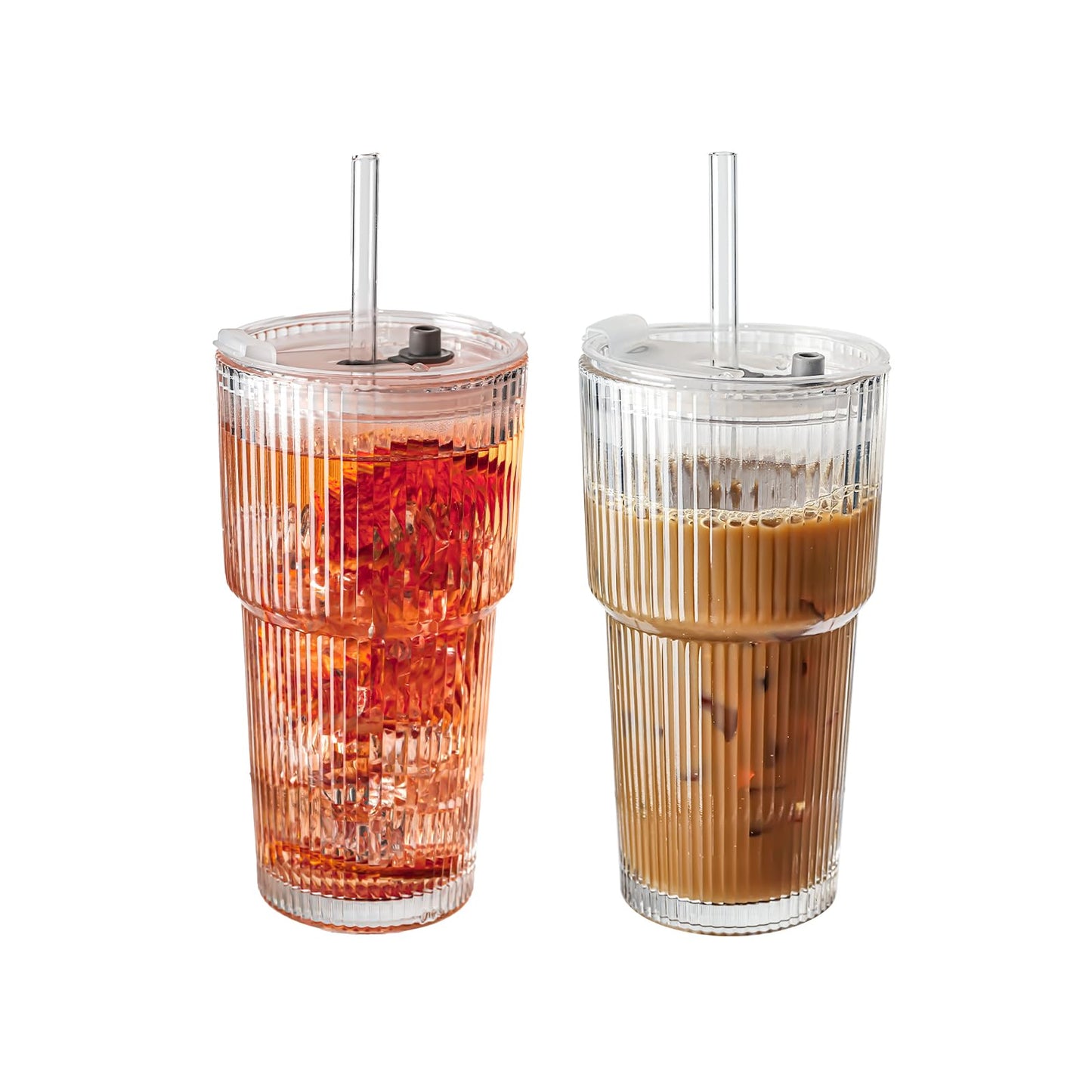 SUROQUE 20oz Ribbed Glass Tumblers with Lids & Straws, Ideal for Iced Coffee, Cocktails & More - Includes Cleaning Brush