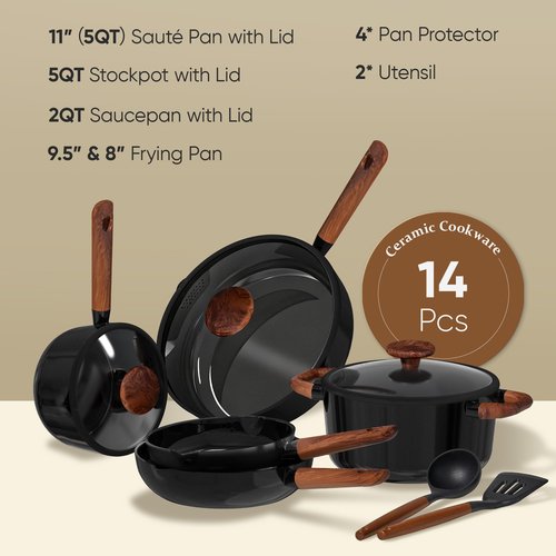 CAROTE ceramic cookware set,nonstick pots and pans，14PCS Non Toxic Healthy Non Stick Kitchen Cooking Pots and Frying Pans Set, PFAS PTFE Free