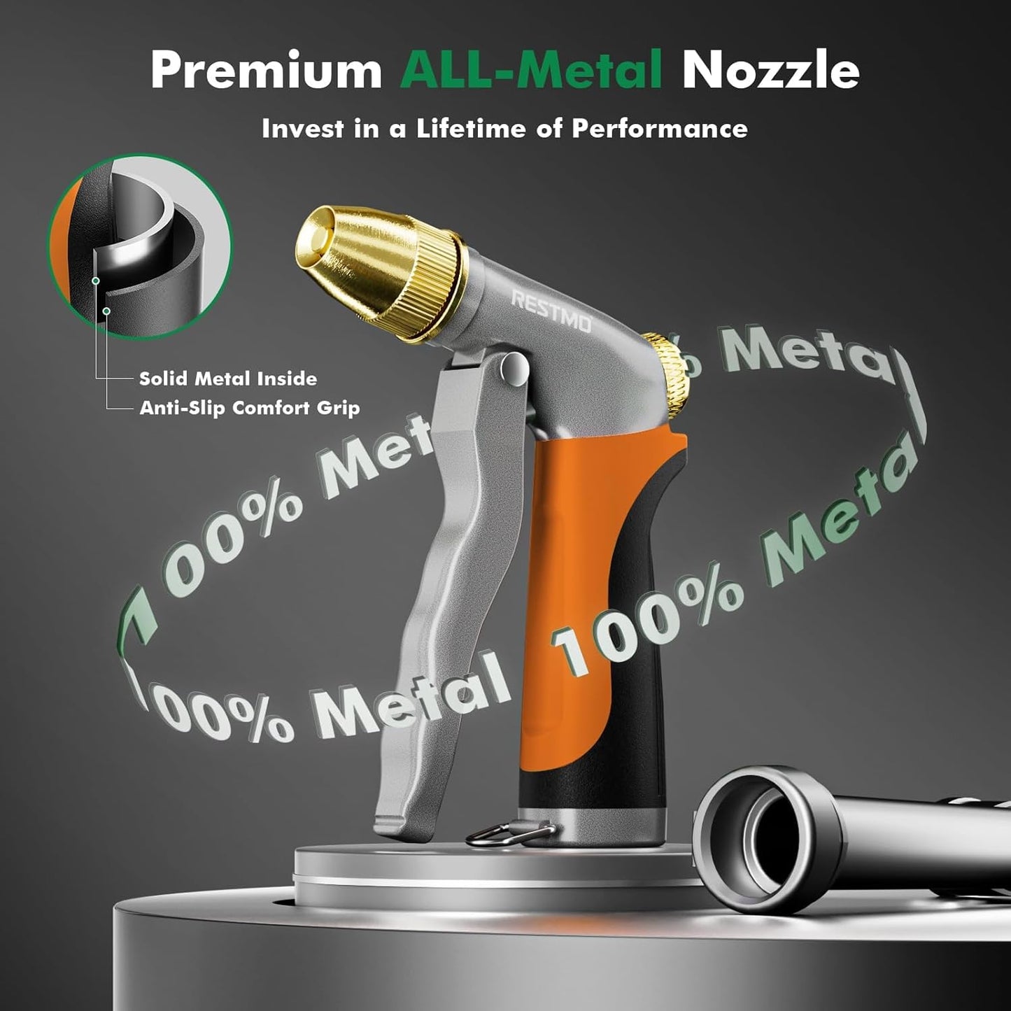 RESTMO Heavy Duty Metal Hose Nozzle - High Pressure Adjustable Spray for Garden, Car, and Patio | Orange