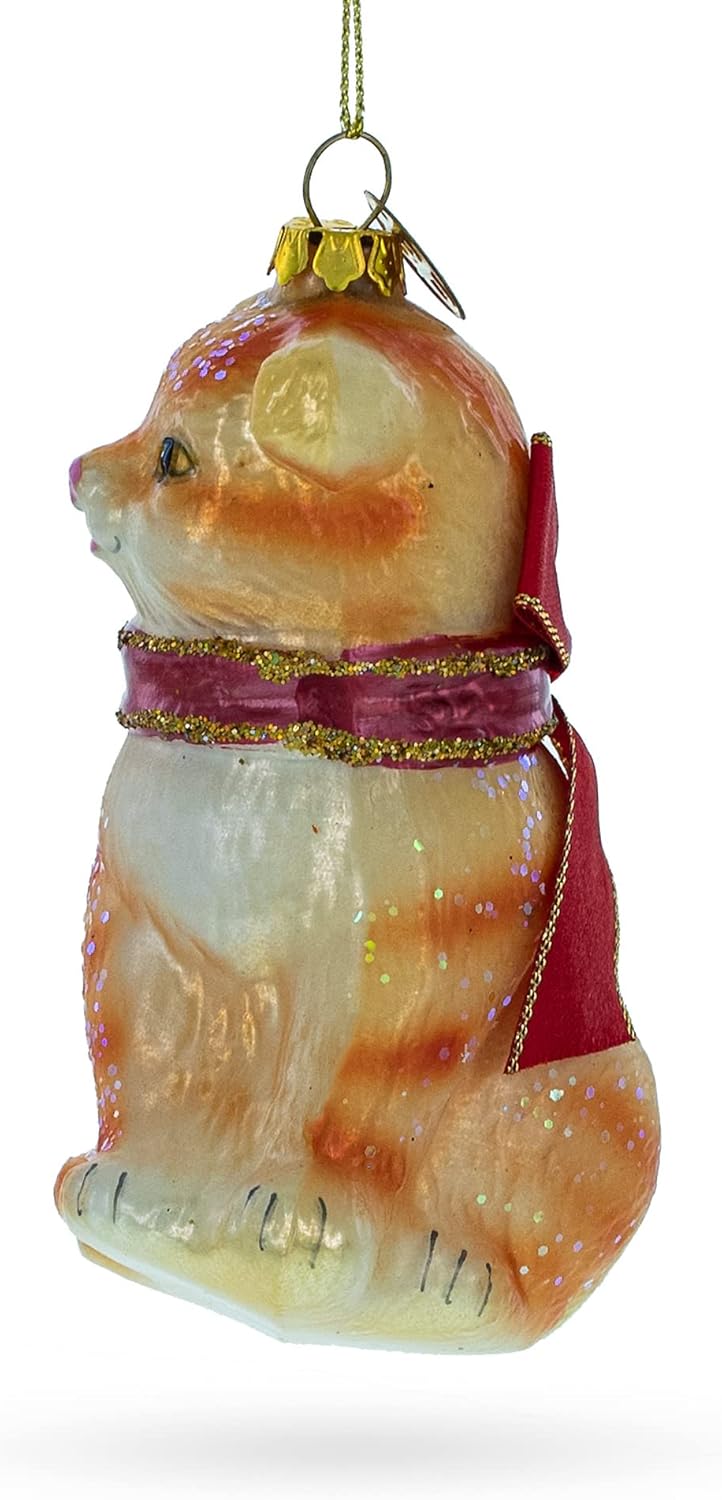 Red Scarf Cat Glass Christmas Ornament - Festive Holiday Decor for Cat Lovers
