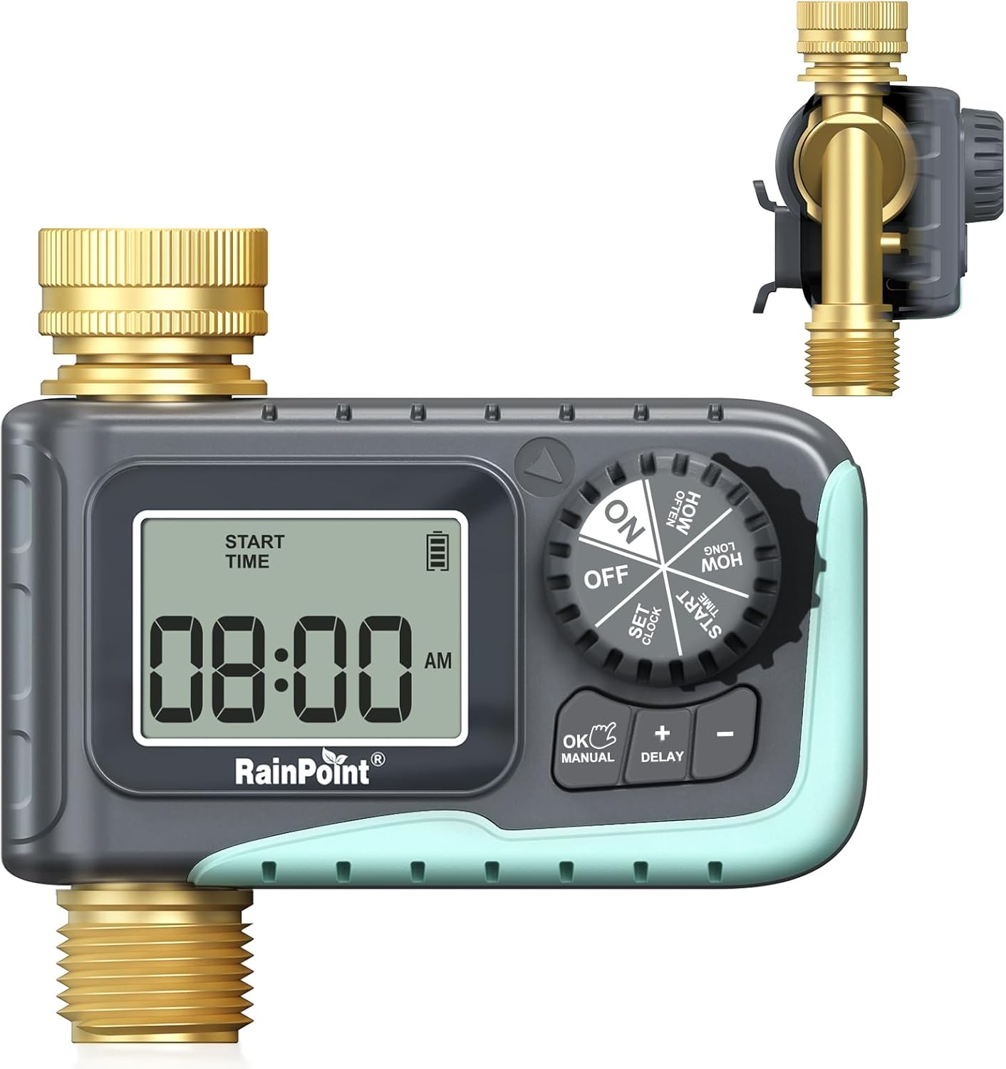 RAINPOINT Sprinkler Timer - 100% Metal Hose Watering Controller with Manual & Rain Delay | Outdoor Garden Use
