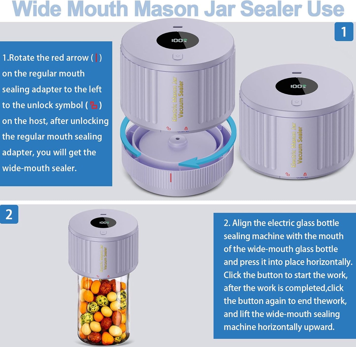 LOVE MOMENT Electric Mason Jar Vacuum Sealer Kit - Perfect for Wide & Regular Mouth Jars | Purple
