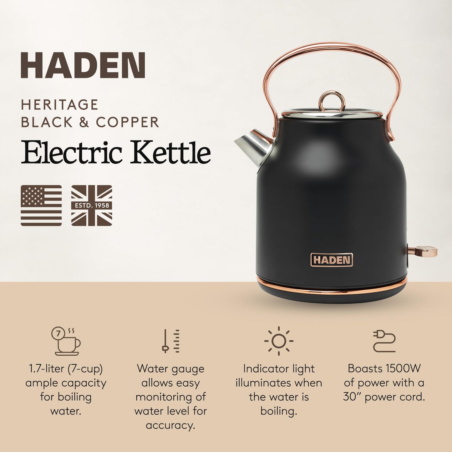 Haden 75012 Heritage 1.7 Liter Stainless Steel Body Countertop Retro Electric Kettle with Auto Shutoff & Dry Boil Protection