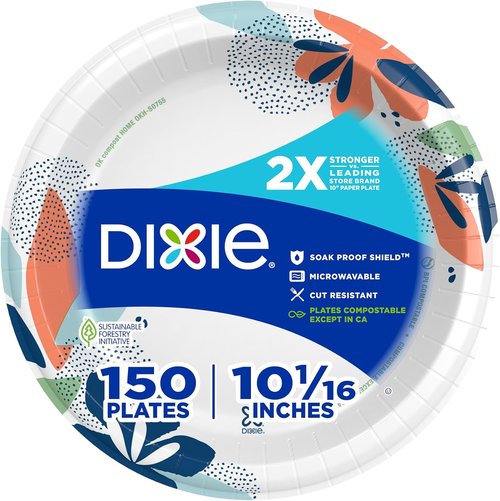 Dixie Large Paper Plates - 10 Inch, 150 Count | 2X Stronger, Microwave-Safe & Soak-Proof