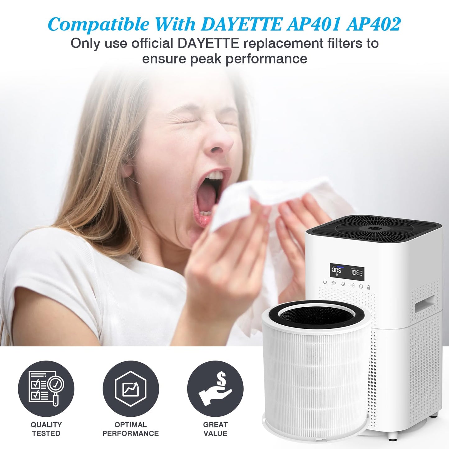 Original H14 Replacement Filter Compatible with DAYETTE Air Purifier AP401 AP402, 4-in-1 H14 Grade True HEPA, High-Efficiency Activated Carbon